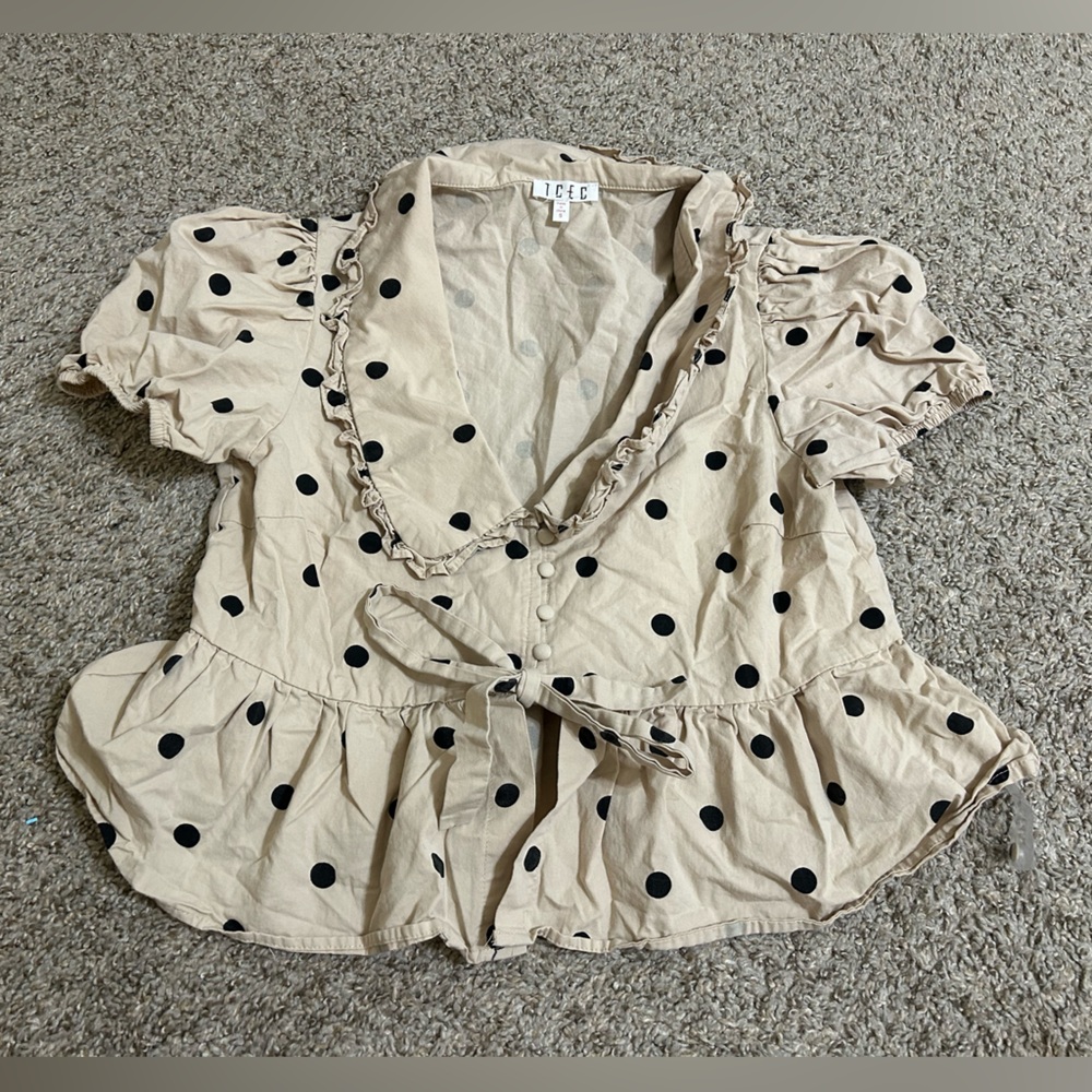 TCEC Polka Dot Peplum Blouse Tan Black Cotton Button Front Women's Size Small
